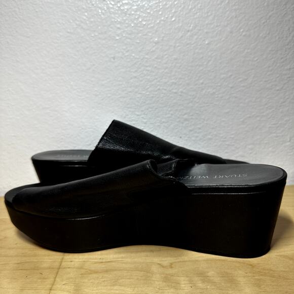Stuart Weitzman Muletrain Wedge Sandals Leather Platform Wide Strap Black 9M - Picture 4 of 8